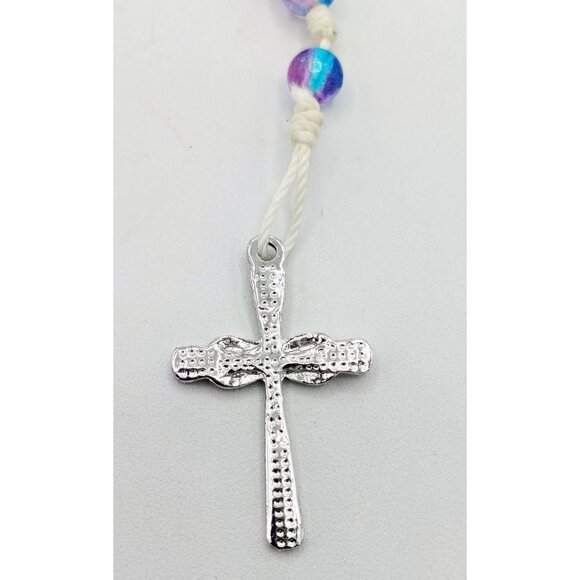 Child Rosary Necklace Blue Pink Beads Metal Cross Holy Family Picture Catholic - Picture 5 of 11